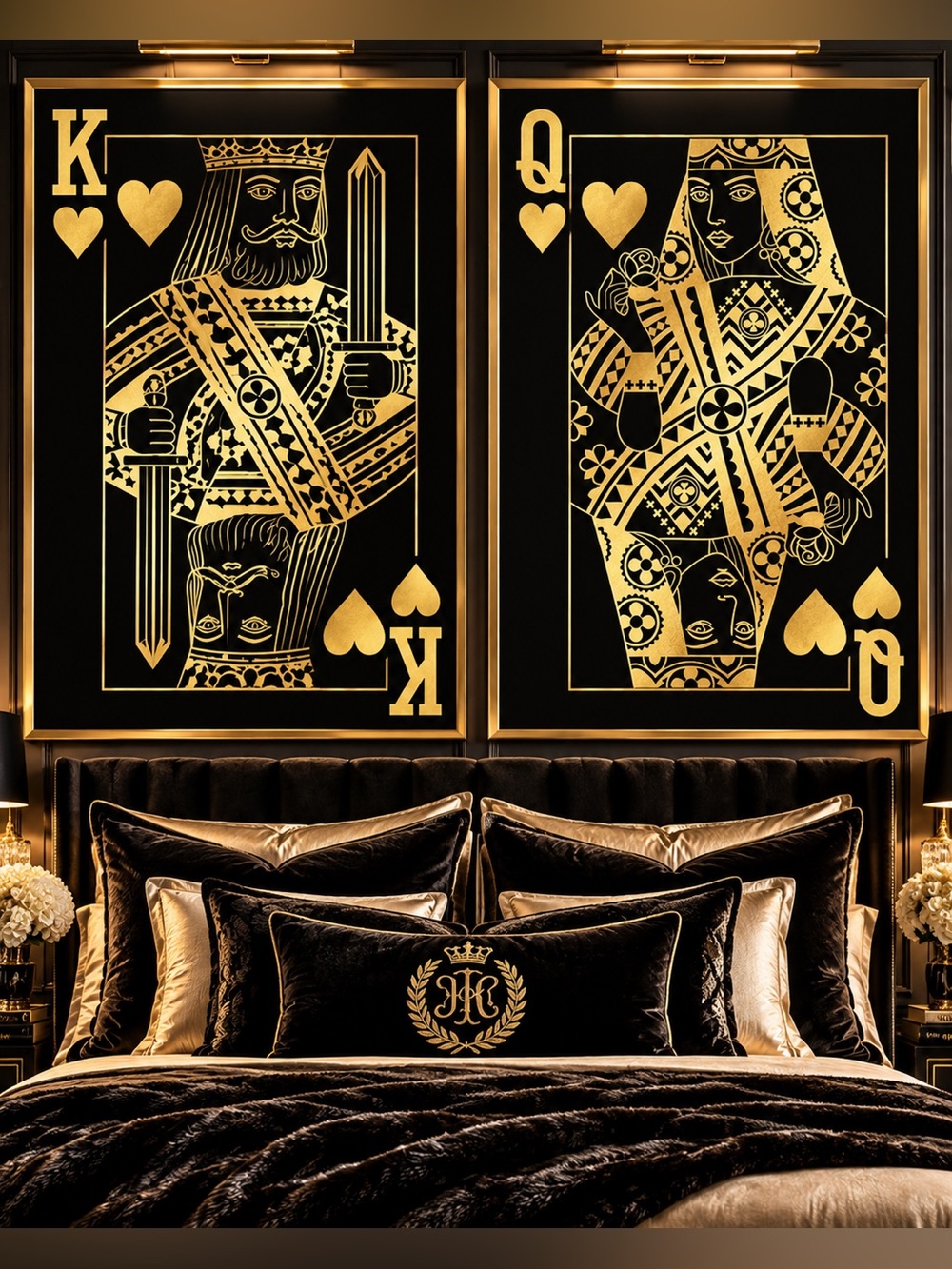King Queen of Hearts Wall Art Set Black Gold Luxe Bedroom Playing Card Prints